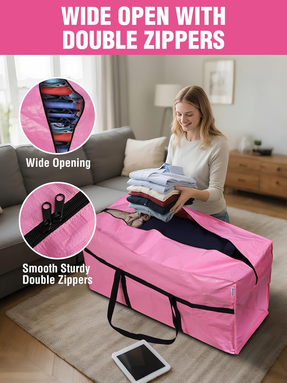 WORKPRO 66 Gallon Extra Large Moving Bags - Heavy-Duty, Water-Resistant Totes with Zippers & Handles | Pink