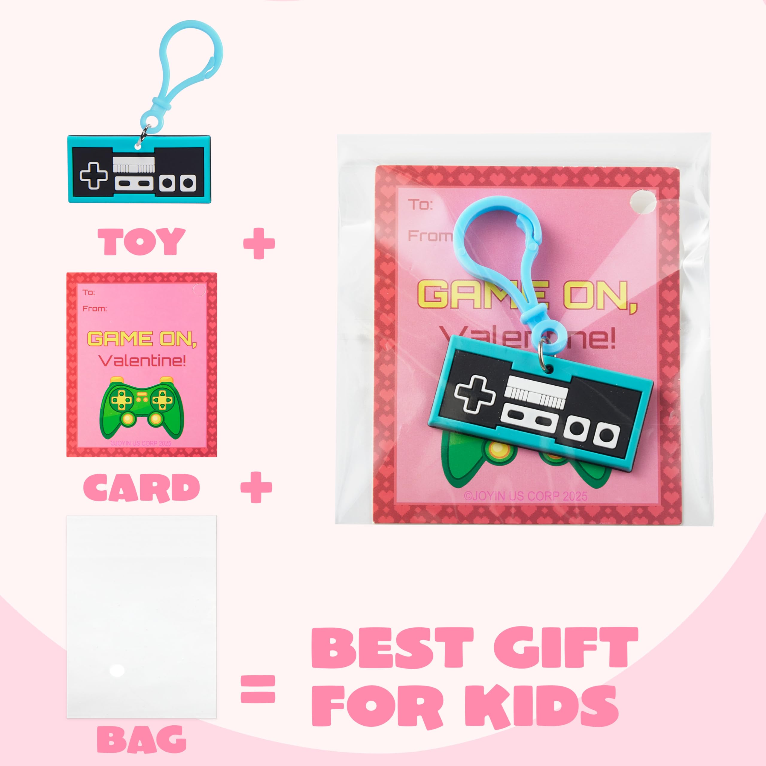 JOYIN 28 Pcs Valentines Day Gift Cards with Video Game Keychains, Multi Colored Keychains & Cards with 7 Designs, Valentine Treat Goodie Bag Stuffers for Kids Classroom School Exchange Prizes