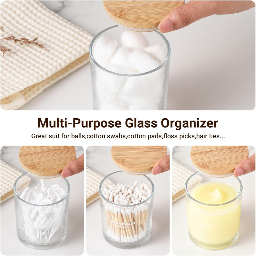 Skiennix Glass Qtip Holder Set - 2 Pack Bathroom Organizer with Lid for Cotton Swabs & Makeup Storage