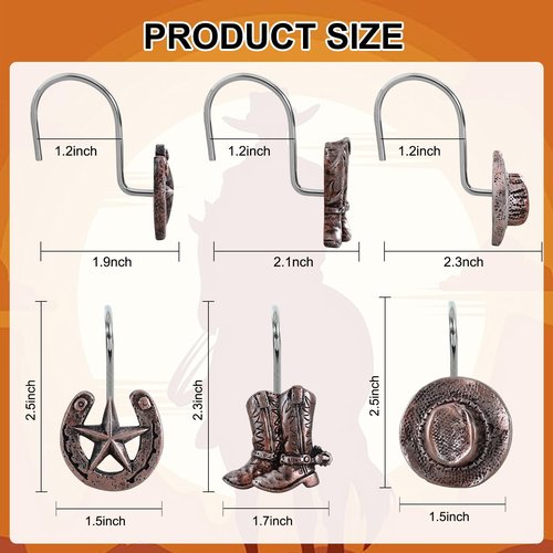 CTOHN 12-Piece Western Shower Curtain Hooks, Cowboy Stainless Steel Decorative Shower Hangers Rings for Country Farmhouse Bathroom Decor