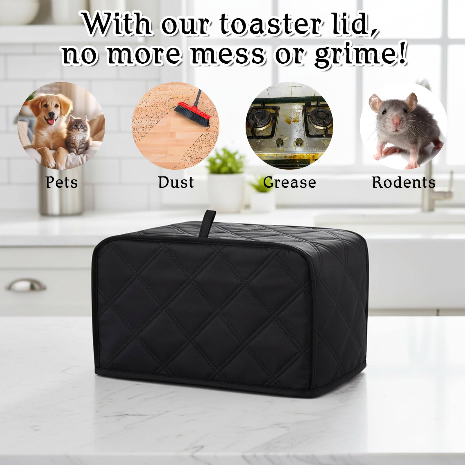 2 Slice Toaster Cover, Toaster Covers 2 Slice Wide Slot, Universal Size Two Slice Toasters Cover, Quilted Polyester and Cotton Dust Protection for Kitchen Small Appliance, Black