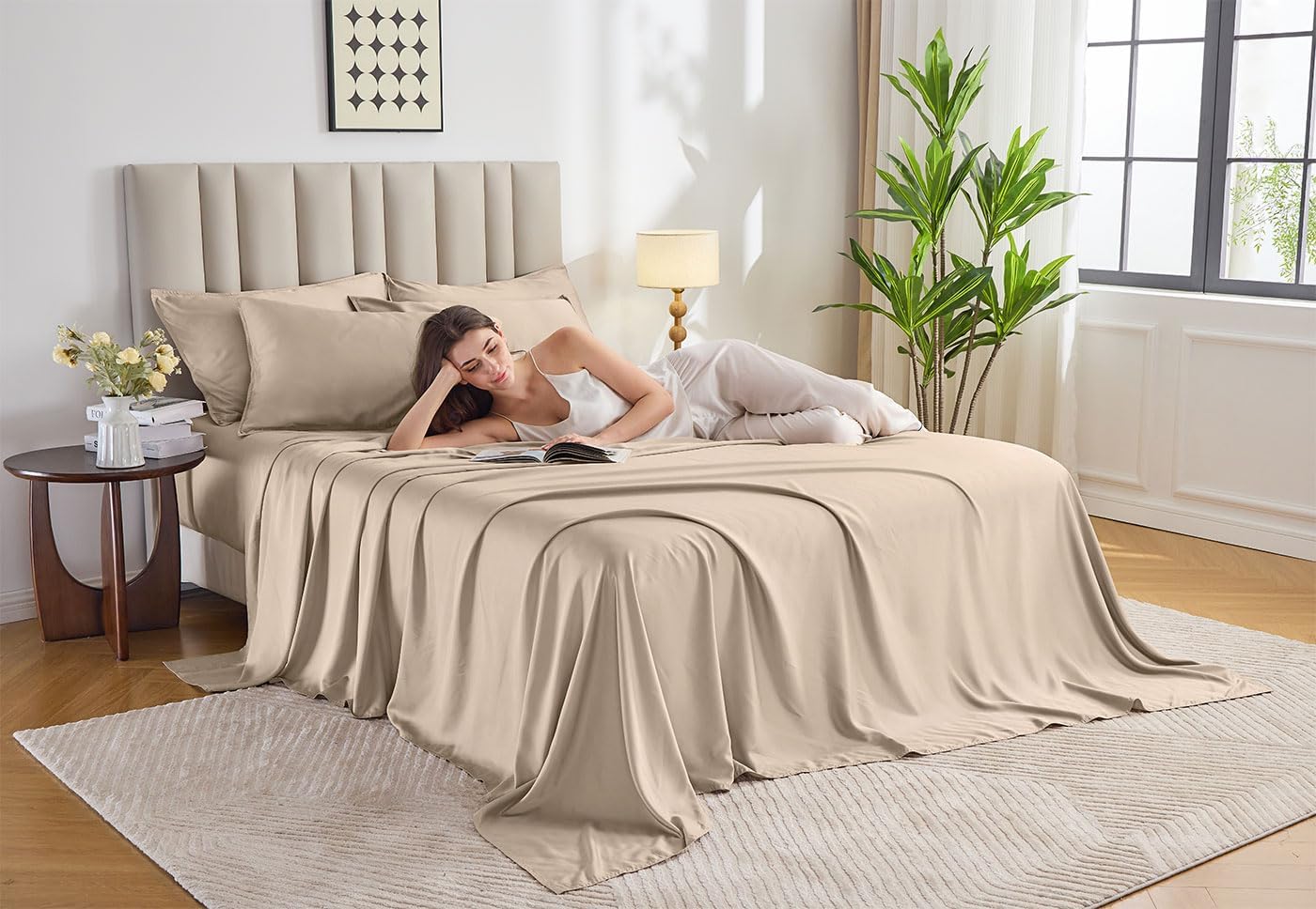 Pure Bamboo Full Bed Sheet Set - Luxuriously Soft & Cooling 100% Organic Viscose | Almond Color, Double Stitching