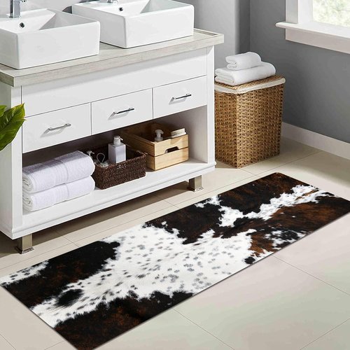 MUGINYU Cowhide Cow Print Long Bath Mat 20x63inch, Western Bathroom Runner Rug for Farmhouse Cowboy Decor,Large Quick Dry Absorbent Non-Slip Narrow Shower Rug for Bedroom Hallway Kitchen