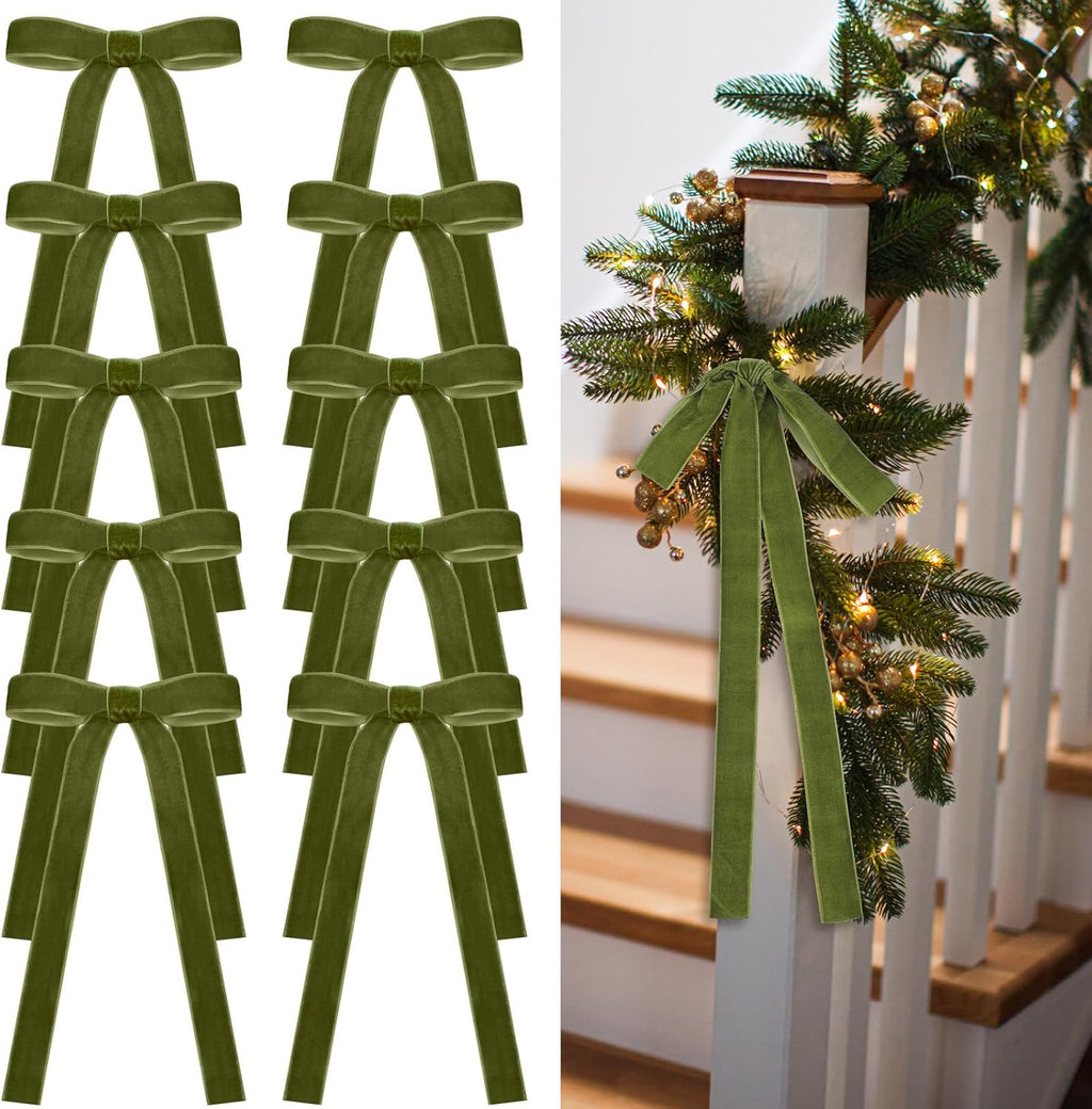 Skiennix 24 Pcs Velvet Bows - Vintage Ribbon Bows for Christmas Tree & Crafts | Moss Green, 9 x 13 Inch