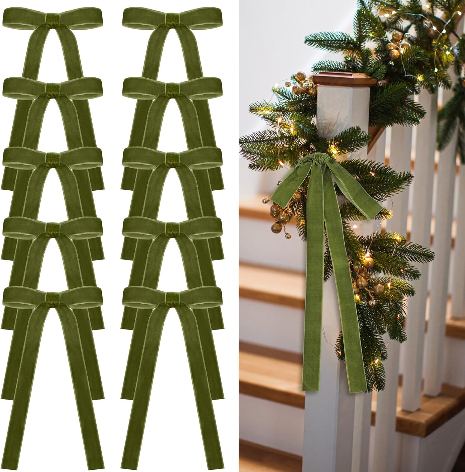 Skiennix 24 Pcs Velvet Bows - Vintage Ribbon Bows for Christmas Tree & Crafts | Moss Green, 9 x 13 Inch