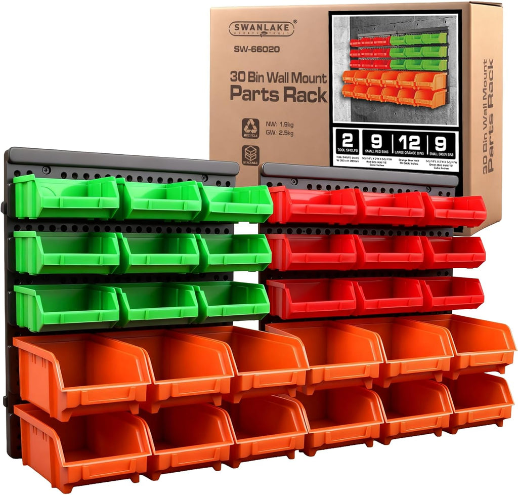 SWANLAKE Heavy-Duty Garage Tool Organizer - 30-Bin Wall-Mounted Storage for Screws, Nuts, Bolts & More