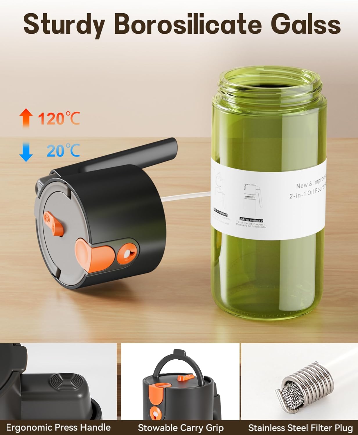 OURCABECUE 2-in-1 Oil Sprayer - 17oz Light-Blocking Glass Olive Oil Dispenser for Cooking | Food-Grade Mister with 8 Stickers (Green Bottle)