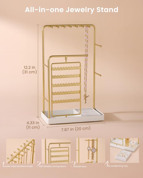Lolalet Jewelry Organizer Stand, No Assembly Needed Display Storage with Rotating Earring Holder for Necklace Bracelet Rings, Galentines Valentines Gifts Room Dorm Decor for Women Girls -Gold