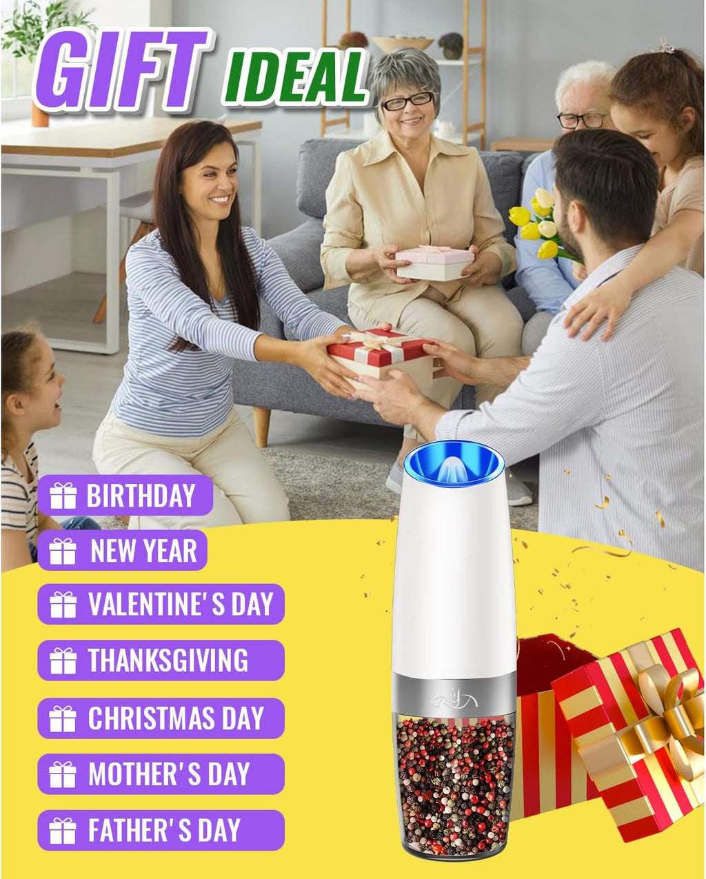 Rongyuxuan Electric Pepper Grinder Mill Set - Battery Powered, Stainless Steel, One-Hand Use, Adjustable Coarseness, Snow White