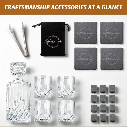LIGHTEN LIFE Whiskey Decanter Set with Bar Accessories,Crystal Whiskey Decanter and Glass Set in Gift Box,Non-Lead Bourbon Decanter Set for Rum Scotch,Wedding Anniversary Birthday Gift for Men Him Dad