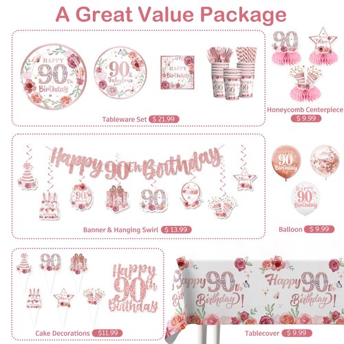 192pcs 90th Birthday Decorations for Women, Serves 25, All-in-One Ninety Birthday Decorations, Rose Gold 90th Birthday Plates and Napkins with Banner, Tablecloth, Balloons & Cupcake Toppers