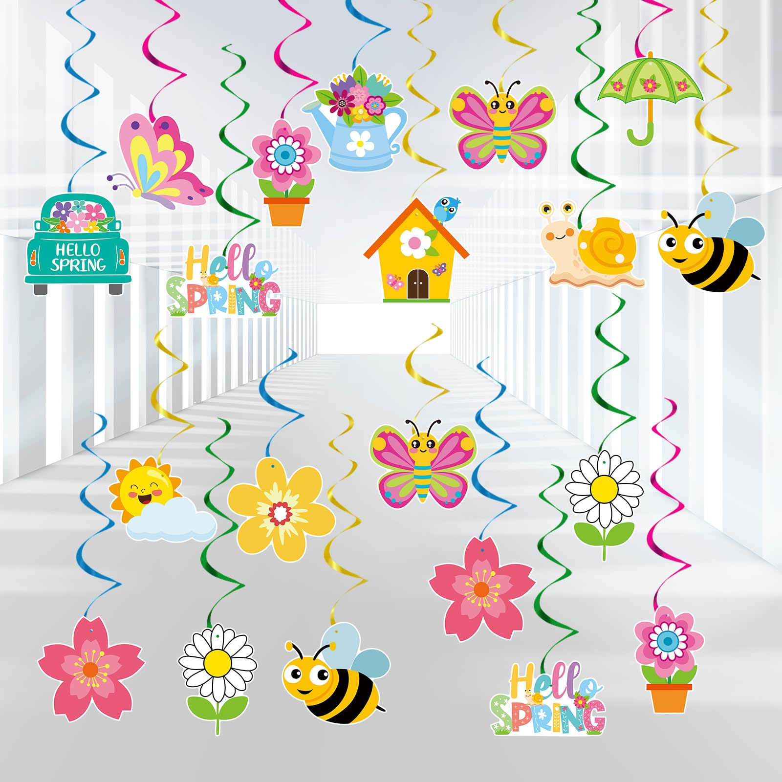 YQUQWN 48 PCS Spring Hanging Swirls Decorations Sun Flowers Butterfly Ceiling Swirls Spring Summer Birthday Party Decorations for Classroom Baby Shower Streamers Decor