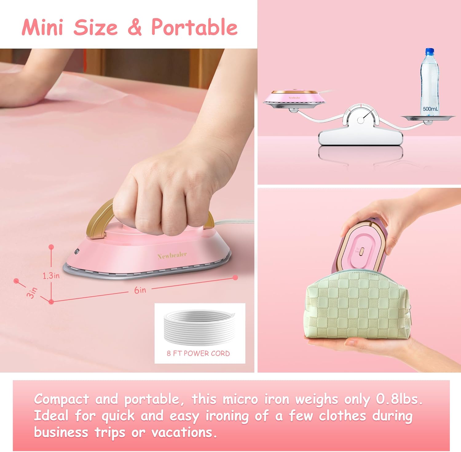 Newbealer Travel Iron - Mini Dry Iron with Global Voltage, 300W Power, Non-Stick Soleplate | Pink, Ultra-Lightweight