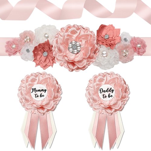 Baby Shower Maternity Sash Belly Belt, Pink Mom to Be Sash Daddy to Be Corsage Pin Baby Shower Decorations for Girl, Pregnancy Photo Props Supplies,Gender Reveal Decorations