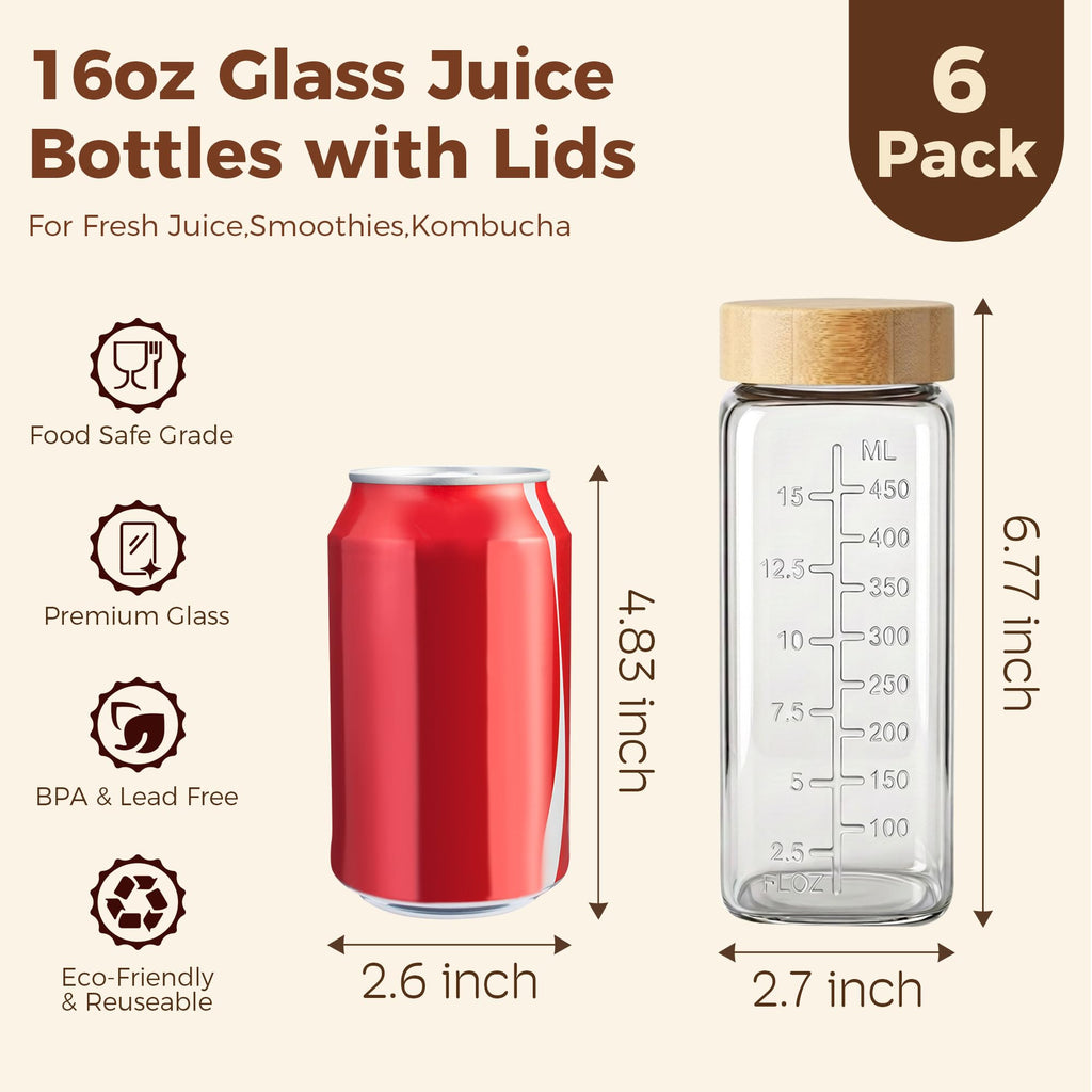 HomArtist 16oz Square Glass Juice Bottles with Lids, 6 Pack Reusable Juice Containers with Bamboo Lids, Glass Juicing jars with 4 Straws & 2 Airtight Lid with Hole for Drinking