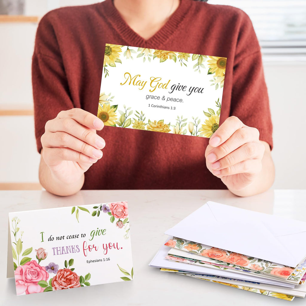 Affrolling 50 Pack Spring Religious Christian Thank You Cards Bulk with Scripture Envelopes Stickers Bible Verse Greeting Cards Encouragement Inspirational Baptism Notes 4x6 Inch, Watercolor Flower