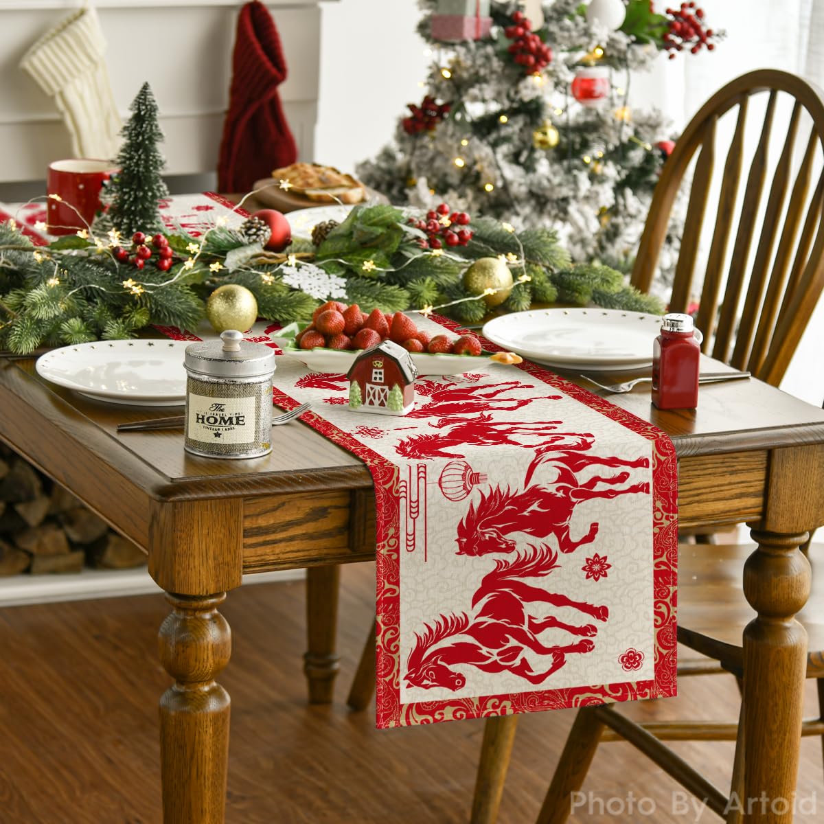 Artoid Mode Propitious Clouds Chinese Zodiac Horse Happy 2026 Lunar New Year Table Runner, Spring Festival Winter Kitchen Dining Table Decoration for Home Party 13x72 Inch