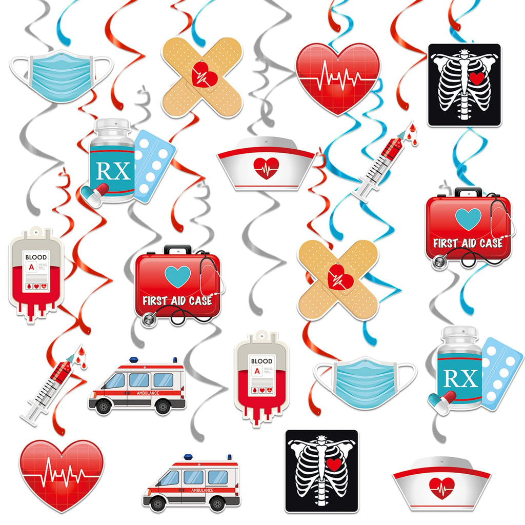 44 Pcs Medical Hanging Swirls Decorations, 20 Hospital-Themed Ceiling Foil Swirl Ornaments with Ambulance, RX, Syringe, Nurse Cap, First Aid Icons and 4 Double Swirls for Doctor Nurse Graduation Decor