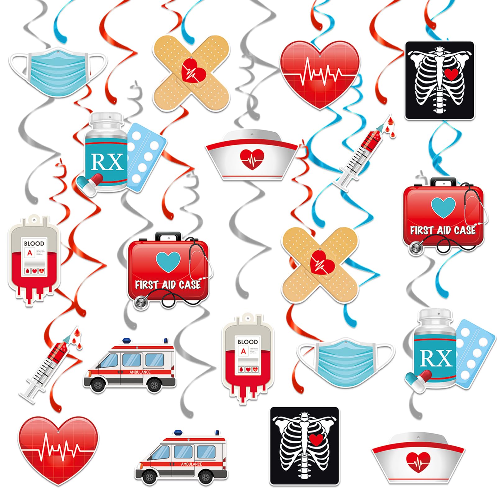 44 Pcs Medical Hanging Swirls Decorations, 20 Hospital-Themed Ceiling Foil Swirl Ornaments with Ambulance, RX, Syringe, Nurse Cap, First Aid Icons and 4 Double Swirls for Doctor Nurse Graduation Decor