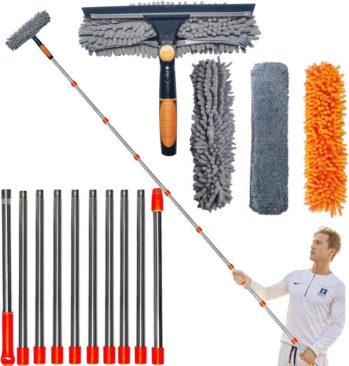 20 ft+ Reach Squeegee Window Cleaner Duster 2 in 1 Rotatable Window Cleaning Tool Kit with 3-14 ft Extension Pole, Window Washing Equipment for Indoor Outdoor Window Car Glass - 3 Pads
