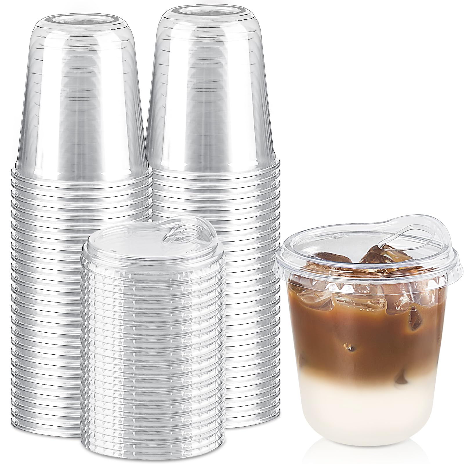 Qeirudu 12 Oz Round Bottom Clear Plastic Cups with Strawless Sip Lids, 50 Pack Disposable Iced Coffee Cups To Go Cups for Cold Drinks, Smoothie, Juice, Milkshake