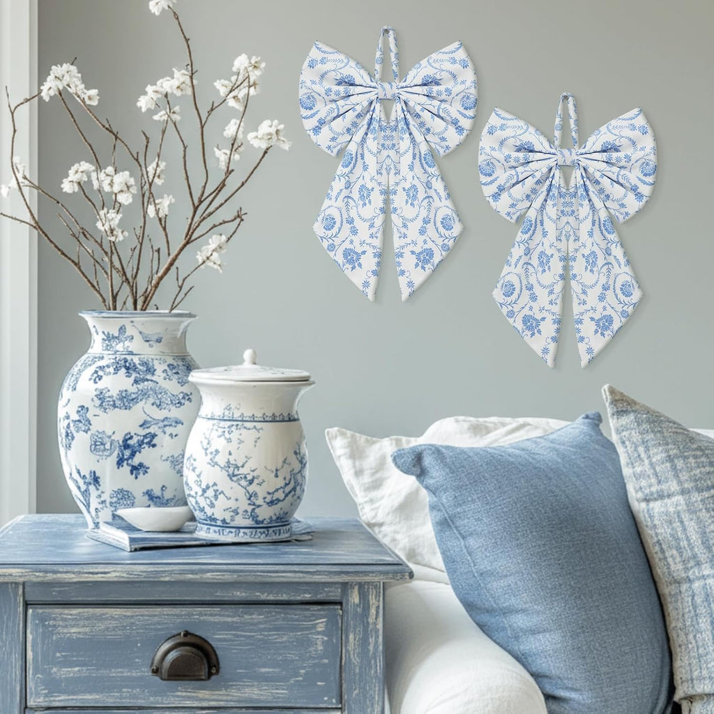 Suncalla Chinoiserie Wreath - Cute Flower Bow Front Door Hanger for Spring Decor | Blue Toile Design