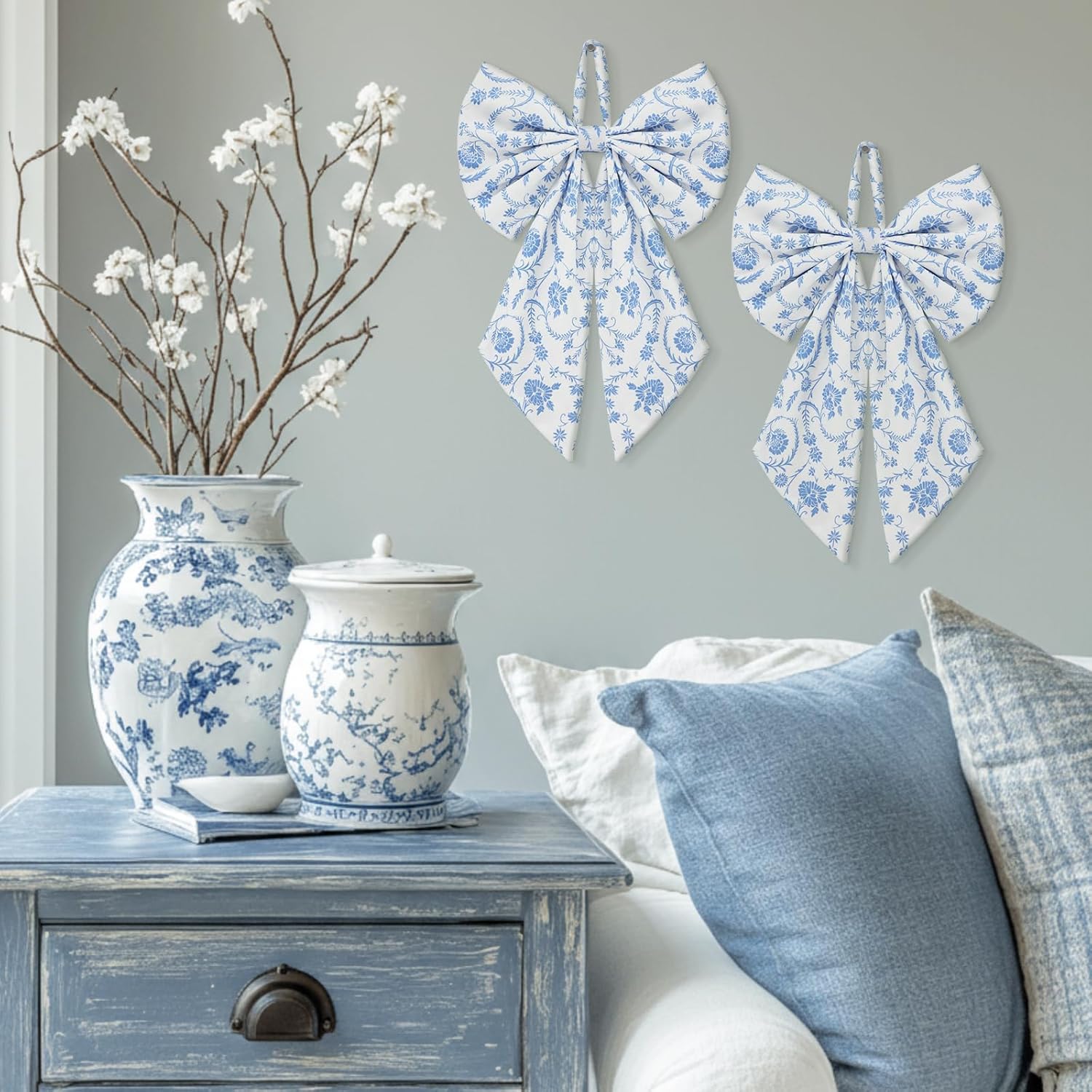 Suncalla Chinoiserie Wreath - Cute Flower Bow Front Door Hanger for Spring Decor | Blue Toile Design