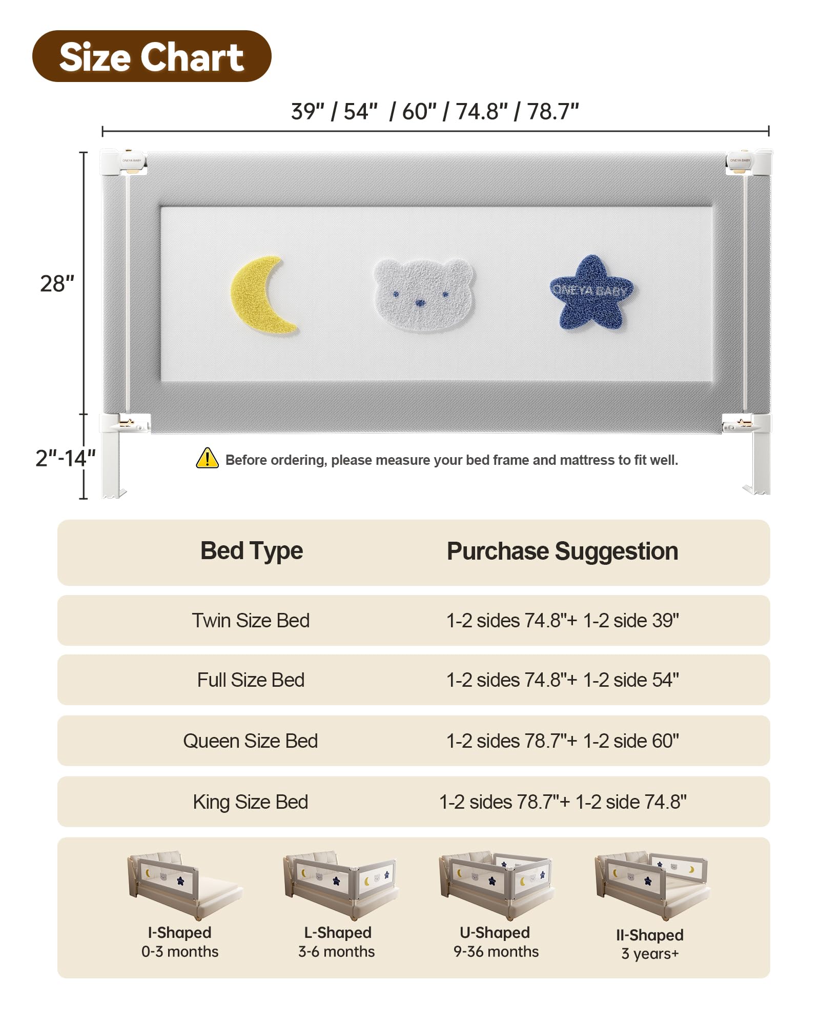 Baby Bed Rail Guard for Toddlers, Reinforced 74.8in Toddler Bed Rails for Twin, Full, King Bed with Height Adjustable, Extral Tall Child Safety Side Railing Guards/Bedrail for Kids, Grey Star, 1 Side