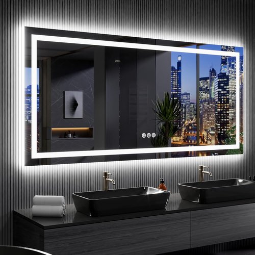 LOAAO RGB LED Bathroom Mirror - 84x32 Inch Dimmable Anti-Fog Vanity Mirror with Colorful Light Modes