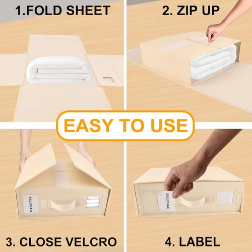 EXLIFBAG Sheet Organizers - Foldable Bed Sheet Storage with Window | XL for Queen & King Size, Beige