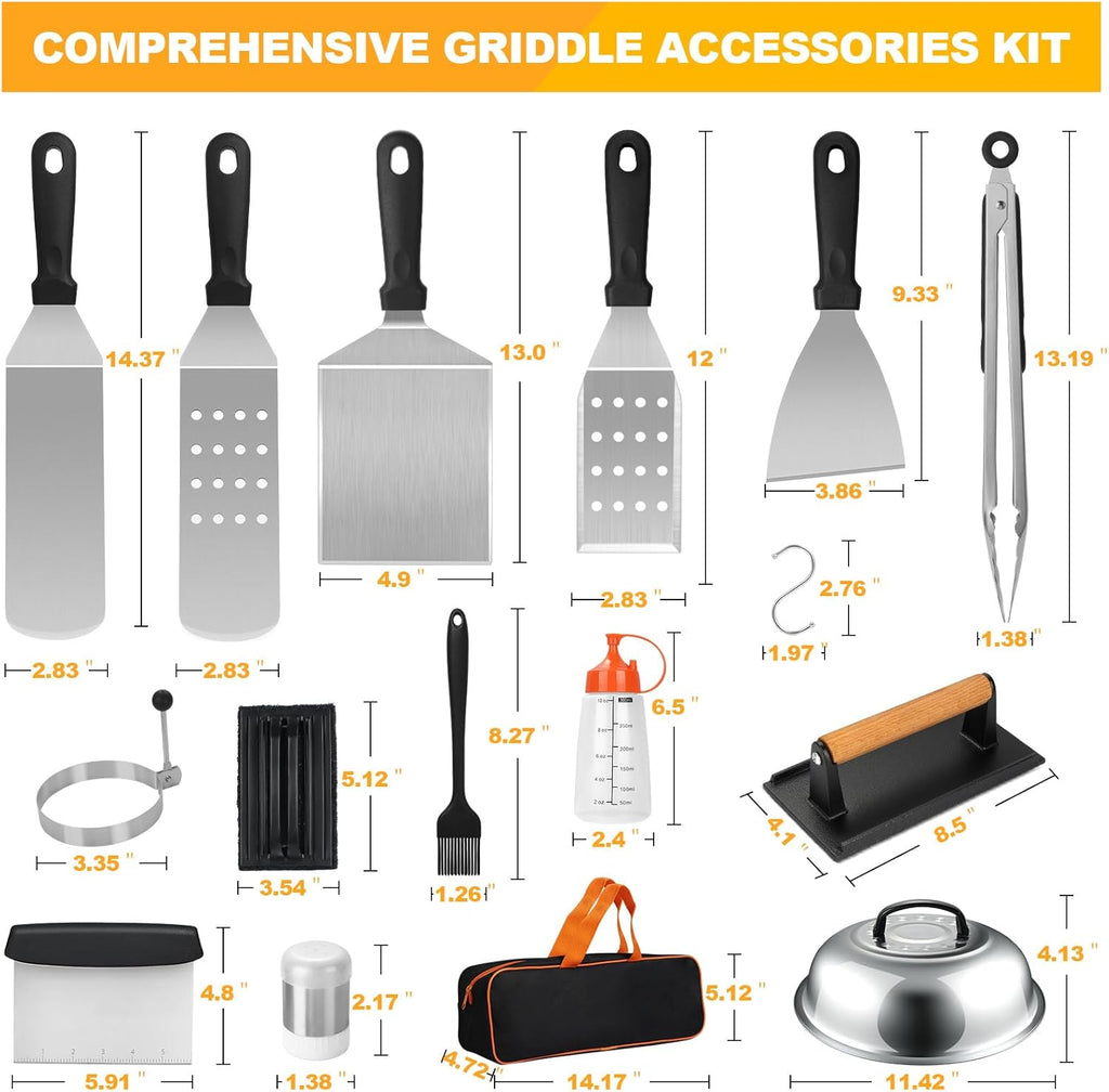 Terlulu Griddle Accessories Kit - 28 PCS Flat Top Grill Set with Spatula, Burger Press & Carry Bag