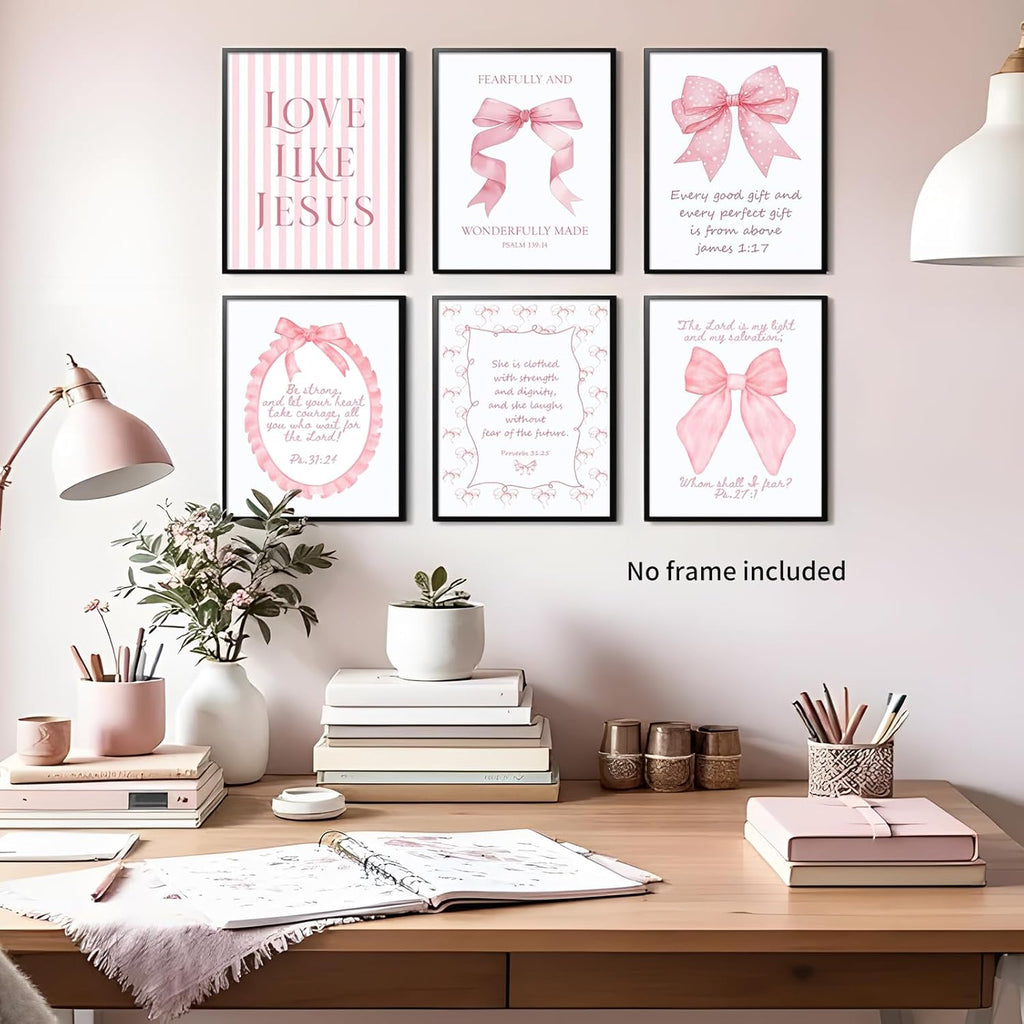 Skiennix 3-Piece Pink Bows Wall Art - Cute Bible Verse Prints for Girls' Rooms | 8x10 Inch Decor