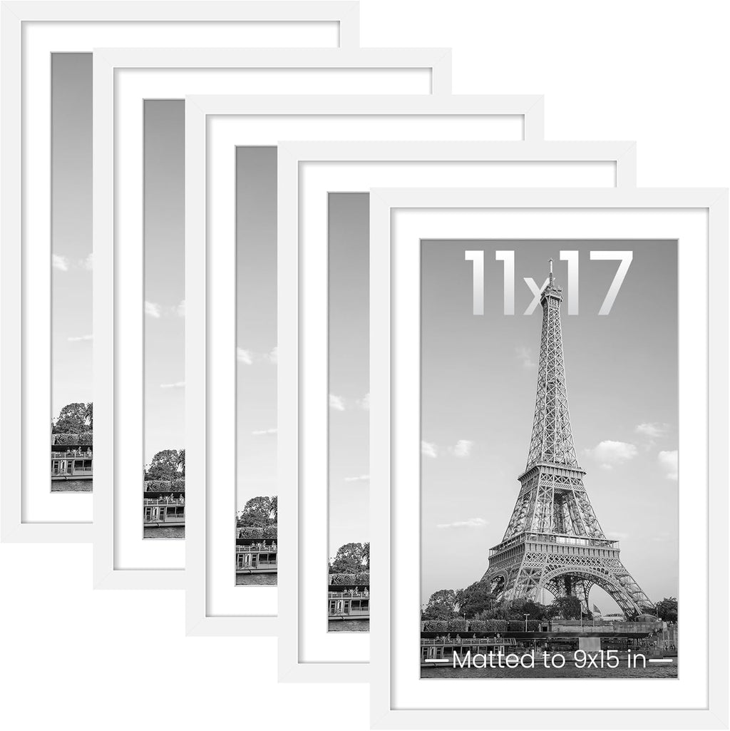Upsimples 11x17 Picture Frame Set of 5 - Versatile Wall Gallery Frames for 9x15 or 11x17 Photos | White