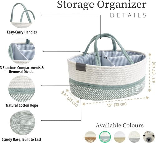 DECOMOMO Baby Caddy Organizer - Large Diaper Basket for Baby Shower | Sage Green & White