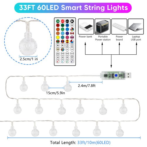 OMIKA 33FT 60LED Color Changing String Lights, APP Control Fairy Lights with Remote, Indoor Globe String Lights, Music Sync for Girl Gift Bedroom Tent Wedding Christmas Tree