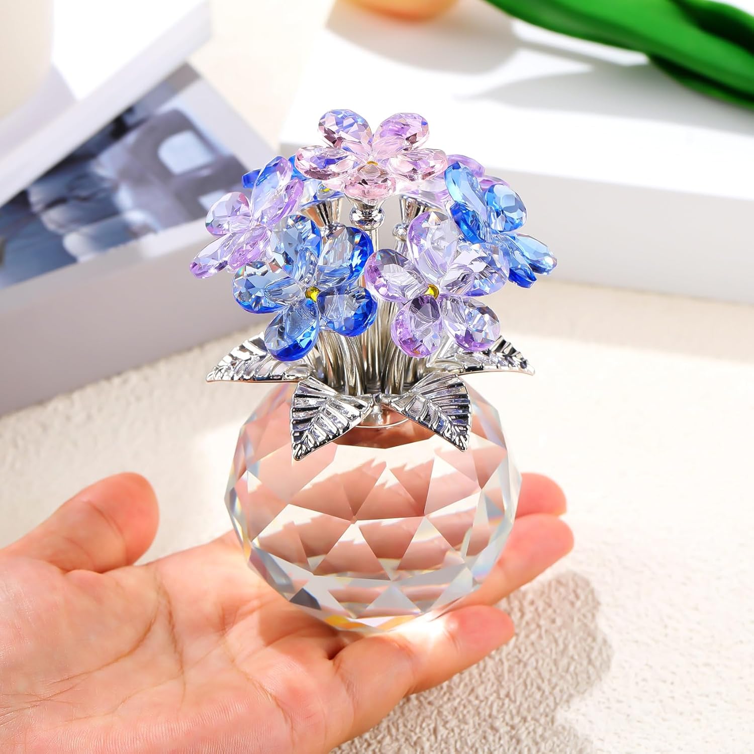 YWHL Colorful Crystal Forget-Me-Not Flower Figurine - Handmade Glass Home Decor | Perfect Gift for Women