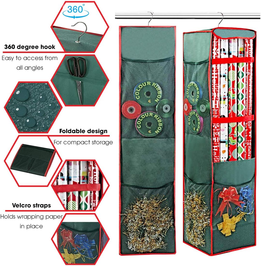 ProPik Christmas Wrapping Paper Storage Bag - Swivel Hanger with 25 Roll Capacity, 40 Inch, Green