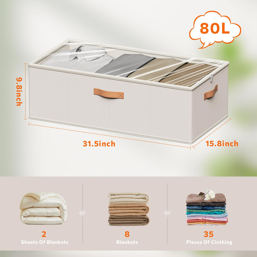 Chizjox 10inch 3 Pack Under Bed Storage Containers, 10 Inch Tall Underbed Clothes Storage Organizer Bin with Clear Window，Foldable Box Basket for Clothes, Closet, Bed Sheets and Blankets White