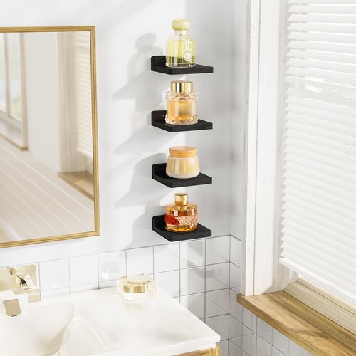 SRIWATANA Small Floating Shelves Wall Mounted, Wood Shelf for Decoration and Storage Set of 4, Mini Display Shelf for Bedroom, Bathroom, Kitchen, Office (Black, 5 inch)