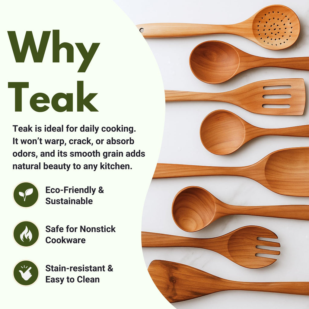 Solange & Frances Teak Wooden Utensil Set. Premium Cooking Utensils, and Non Toxic Cooking Utensils. Unique Gift for Women, Gift for Mom, Gifts for Grandma, or Gifts for Women Who Have Everything