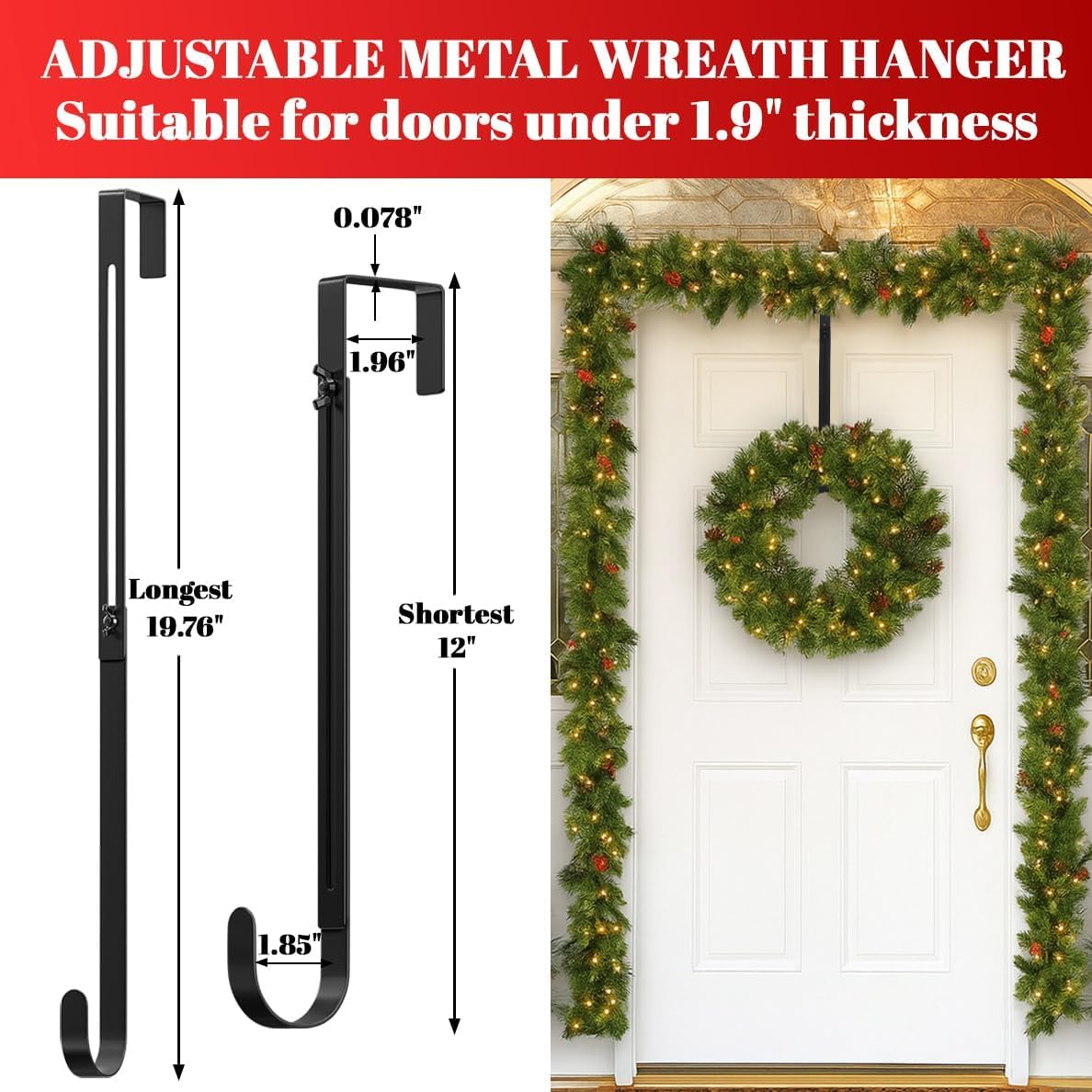 Metal Wreath Hanger - Adjustable Over-the-Door Hook | Heavy Duty, Holds Up to 20 lbs, 12-20”