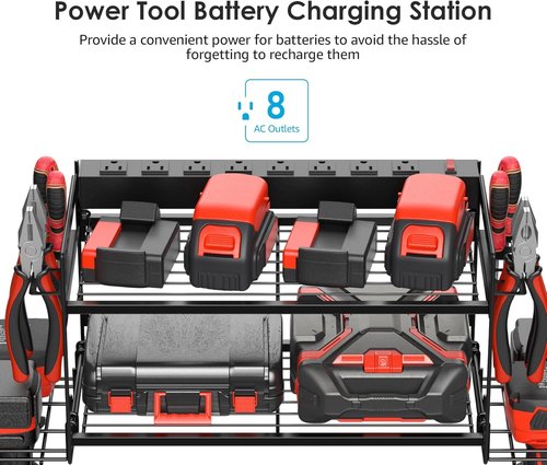 CCCEI Garage Tool Storage - Power Tool Battery Organizer with Charging Station & Wall Mount Rack, Black