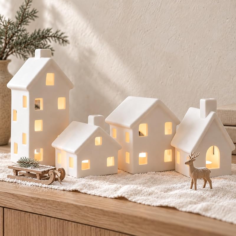 Ceramic Christmas Village Houses Set, 4 Piece Mantel Display