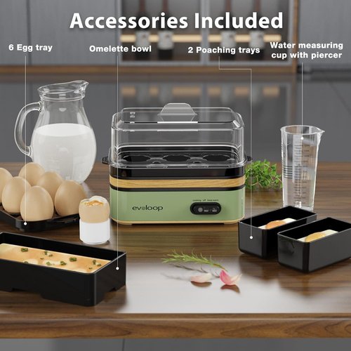 Evoloop Rapid Egg Cooker - Electric 6 Egg Capacity | Soft, Medium, Hard Boiled & Poached Eggs - BPA Free (Green)