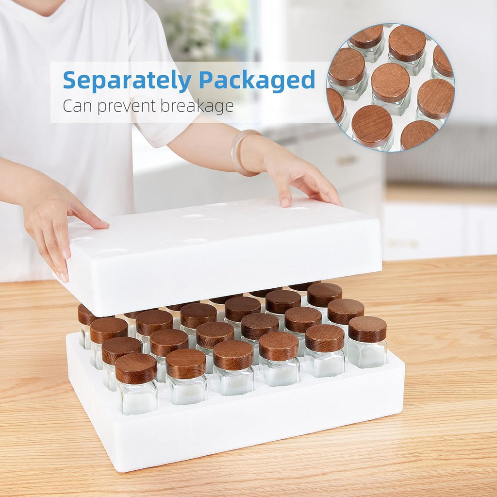 Yangbaga 34Pcs Glass Spice Jars with Labels-4oz Acacia Wood Lid Square Spice Containers with Pepper Grinder Lids &Funnel,Seasoning Jars for Rack Cabinet Drawer