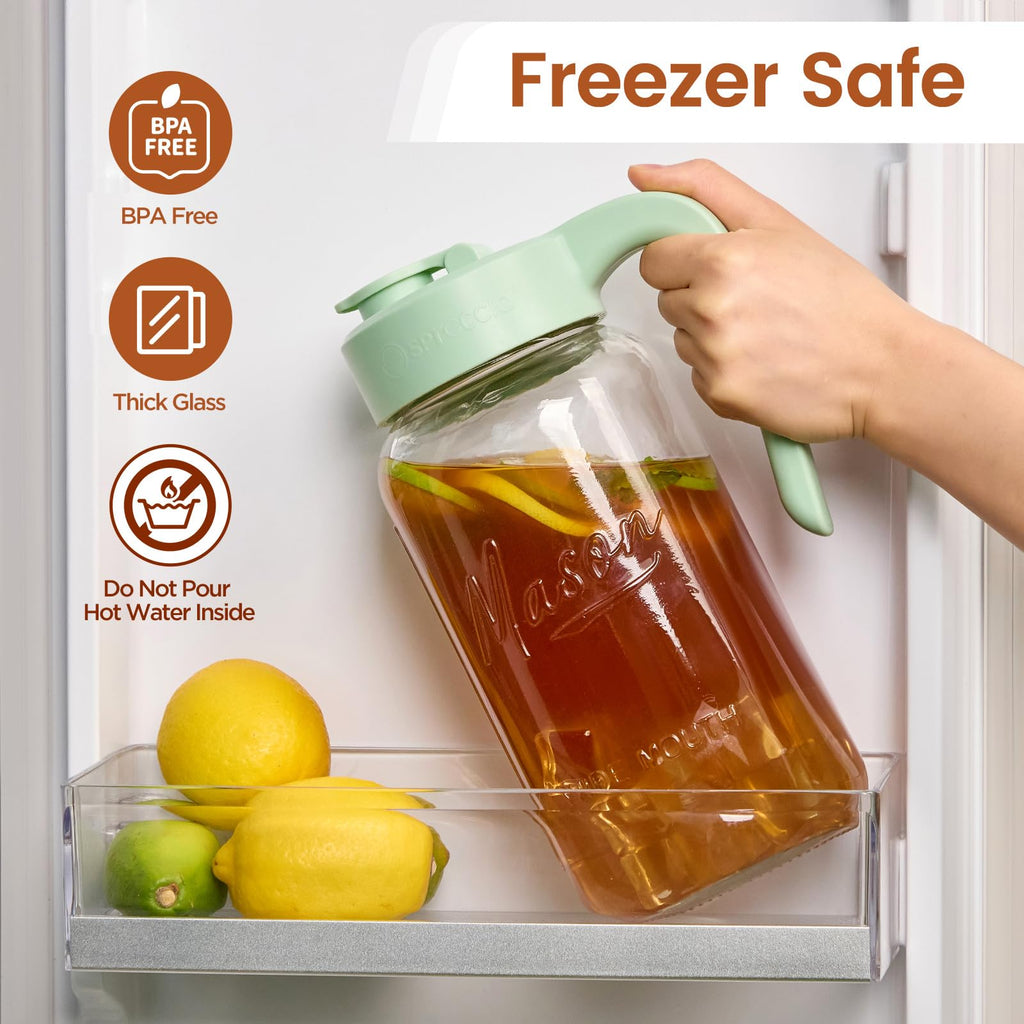 Spreccio Mason Jar Pitcher with Tea Filter, Airtight & Leakproof Glass Pitcher with Lid, 64 oz Sun Tea Glass Jar for Outside, Perfect for Sun Tea, Lemonade, and iced Tea