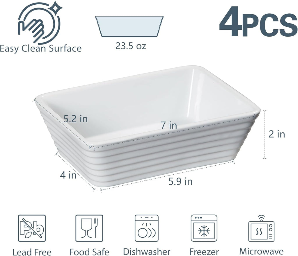 ONEMORE Small Baking Dish - Rectangle Ceramic Casserole for Oven | Set of 4, 5x7, White, Ideal for 1-2 Persons