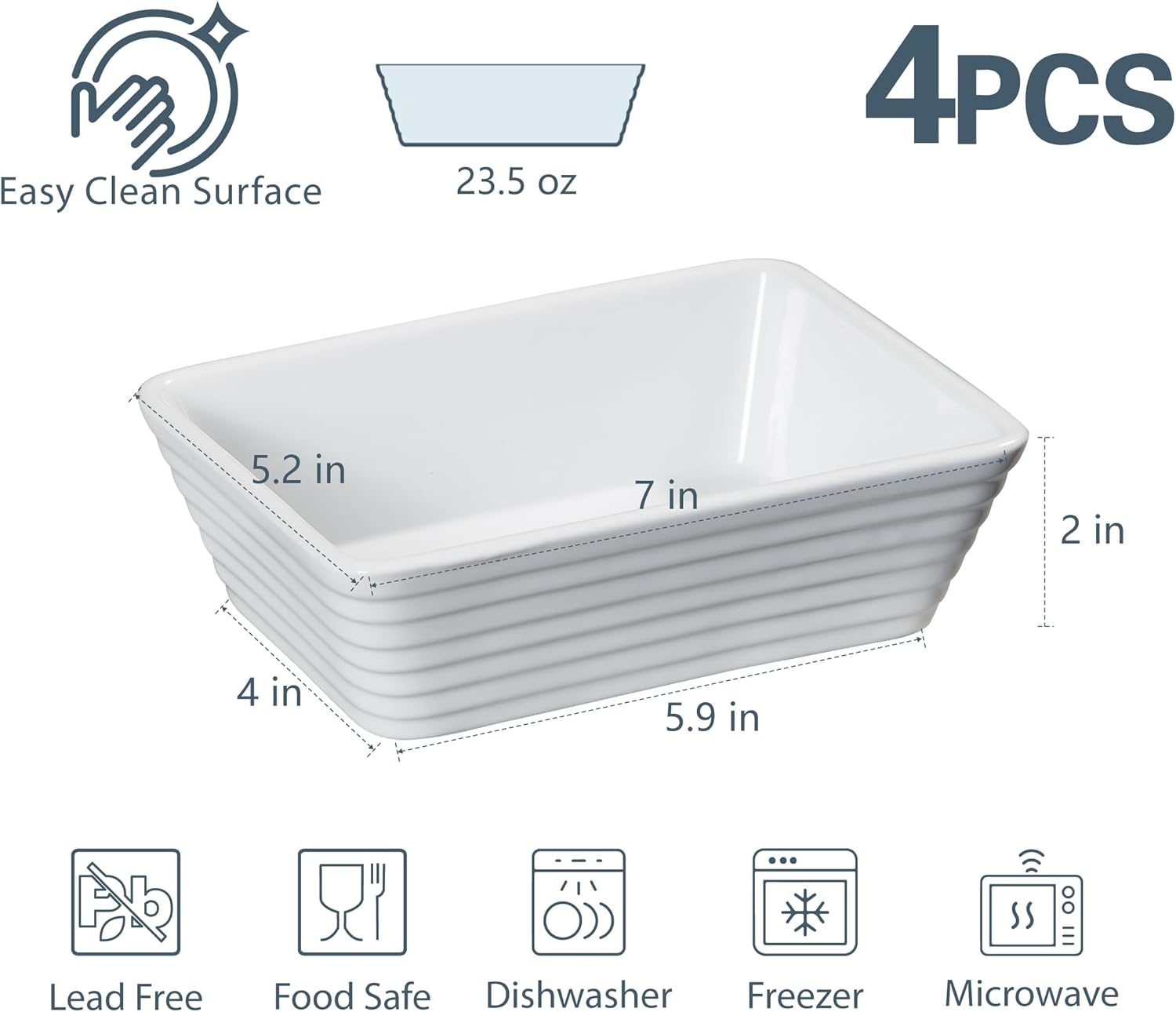 ONEMORE Small Baking Dish - Rectangle Ceramic Casserole for Oven | Set of 4, 5x7, White, Ideal for 1-2 Persons