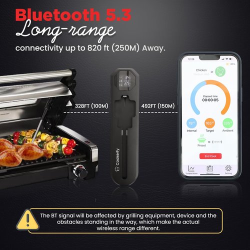 Cookerfy Meat Thermometer Digital Wireless –IP67 Waterproof, 48h Battery Life, Grill Thermometers with 820ft Range, Rechargeable Probe, Bluetooth Wireless Meat Thermometer for BBQ, Smoker, Oven
