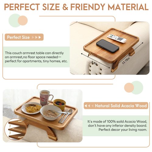 SINWANT Couch Arm Table,Acacia Wood Sofa Arm Rest Tray for Couch,13.78" Foldable Couch Armrest Tray Tables for Home Apartment Small Spaces